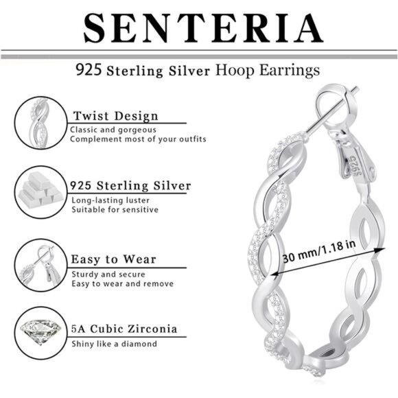 925 Sterling Silver Earrings Hoops for Women Lightweight Twisted Hoop - Picture 4 of 7